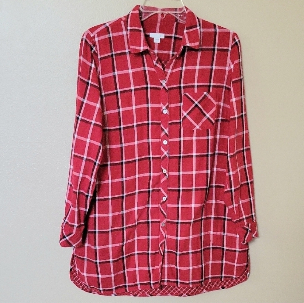 J. Jill Womens Red Plaid Cotton Flannel Button Down Shirt - Size Medium